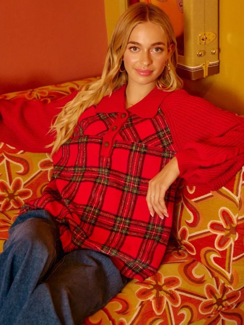 BiBi Plaid Buttoned Collared Top with Sweater Sleeve - Picture 3 of 9